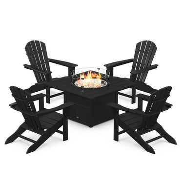 POLYWOOD Palm Coast 5-Piece Adirondack Chair Conversation Set w/ Fire Pit Table - Black
